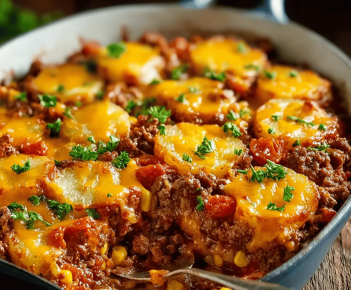 Delicious homemade Hobo Casserole with ground beef, vegetables, and cheese, showcasing an easy and hearty meal recipe