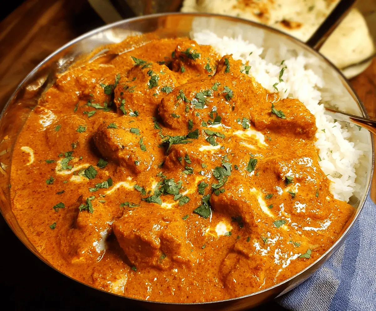 Delicious homemade butter chicken served with naan and rice, featuring tender chicken in creamy tomato sauce garnished with fresh cilantro