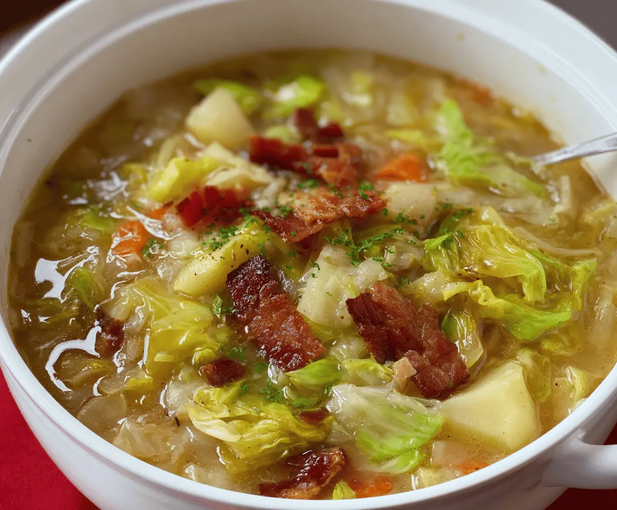 Delicious Irish Bacon, Cabbage, and Potato Soup served in a bowl with fresh herbs, perfect for a hearty, traditional meal