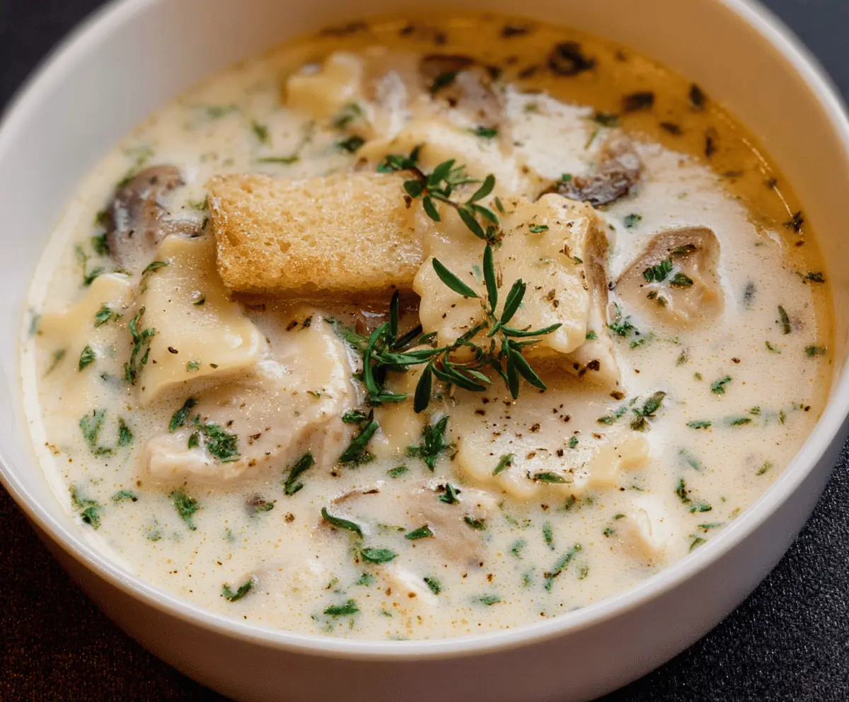Creamy white chicken lasagna soup with tender chicken, melted cheese, and pasta in a flavorful broth, perfect for a comforting meal.