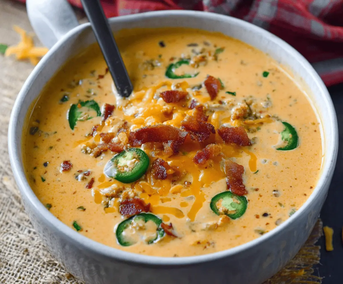 Creamy jalapeno popper soup garnished with shredded cheese, chopped bacon, and fresh herbs in a bowl, perfect for spicy appetizer lovers.