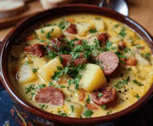 A bowl of creamy kielbasa potato soup garnished with chopped herbs and served with bread on the side.