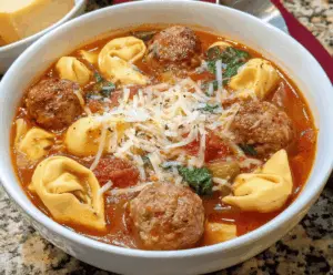 Delicious meatball soup with cheese tortellini, garnished with fresh herbs in a bowl, perfect for a hearty and comforting meal.