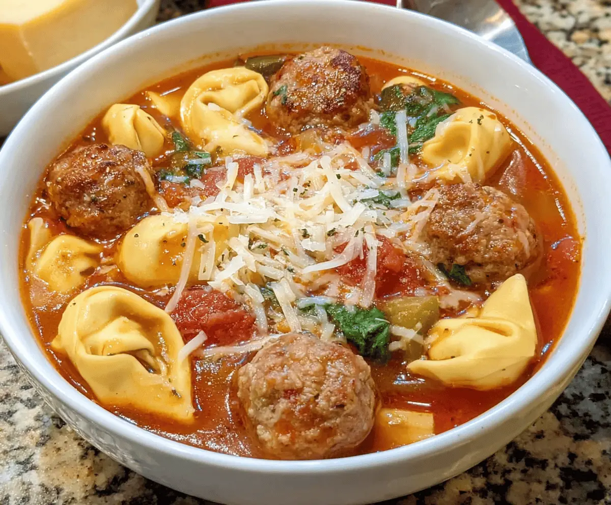 Delicious meatball soup with cheese tortellini, garnished with fresh herbs in a bowl, perfect for a hearty and comforting meal.