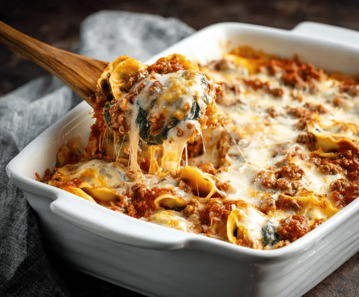 Delicious Million Dollar Ravioli Casserole topped with melted cheese and fresh herbs, ready to serve