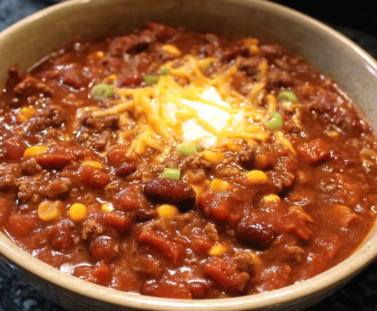 Delicious and hearty slow-cooker chili topped with shredded cheese and fresh cilantro in a rustic bowl