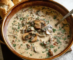 Creamy mushroom soup served in a bowl with fresh herbs and bread on the side, perfect for a cozy meal.