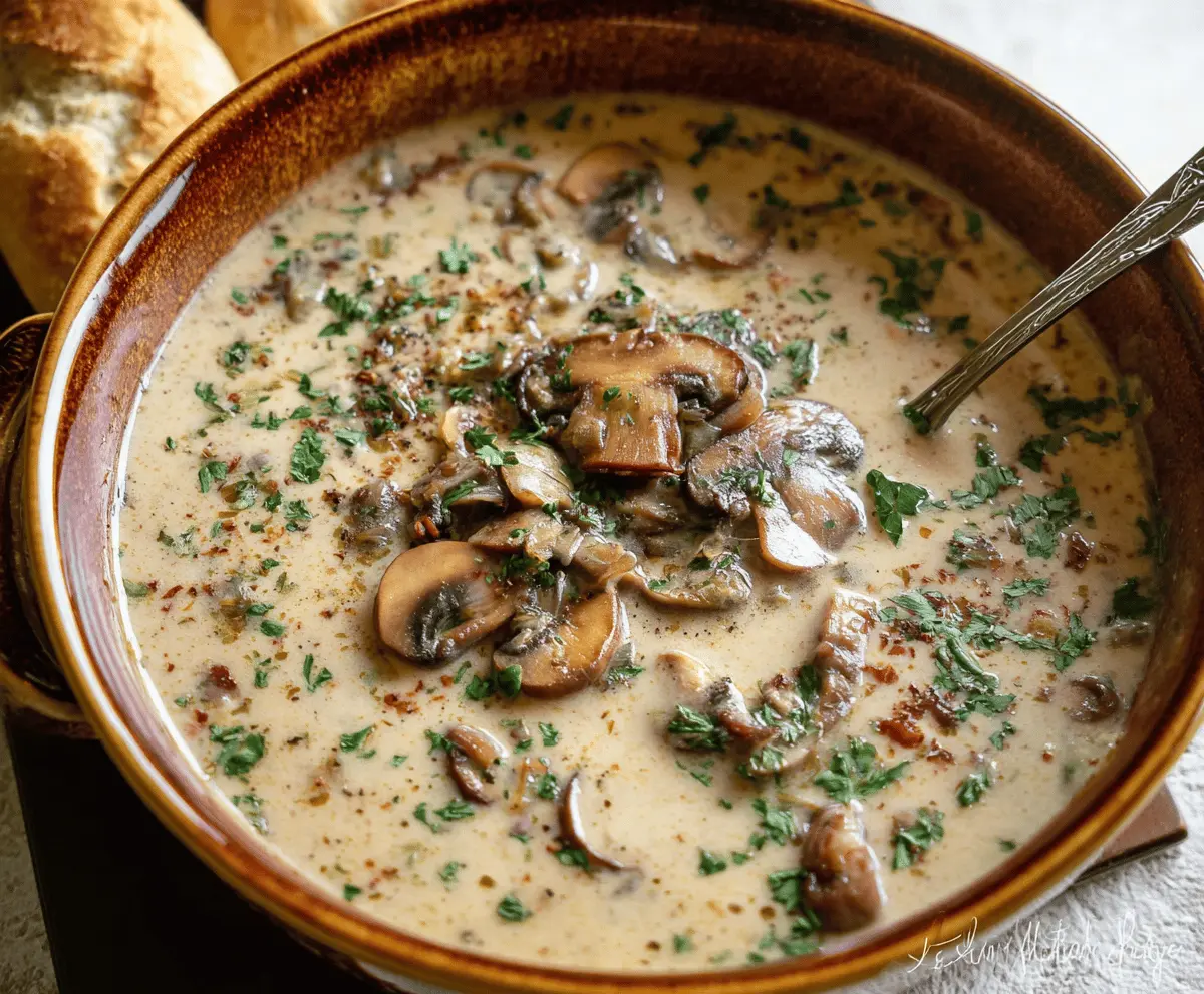 Creamy mushroom soup served in a bowl with fresh herbs and bread on the side, perfect for a cozy meal.