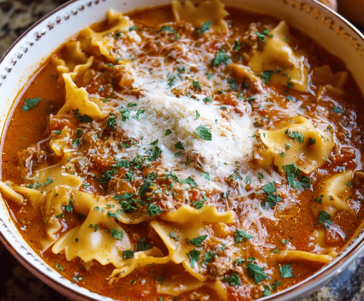 Delicious One-Pot Lasagna Soup served in a bowl with melted cheese, fresh basil, and pasta, perfect for a cozy dinner
