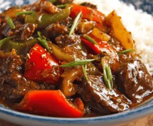 Delicious homemade Pepper Steak cooked in a Crock Pot with tender beef, colorful bell peppers, and savory sauce, served hot.