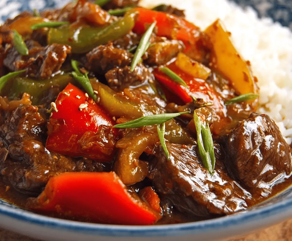Delicious homemade Pepper Steak cooked in a Crock Pot with tender beef, colorful bell peppers, and savory sauce, served hot.