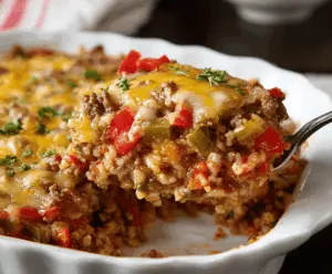 Delicious Pioneer Woman Stuffed Pepper Casserole served in a baking dish with colorful peppers, melted cheese, and savory ingredients, perfect for a hearty family dinner.