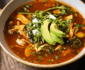 A bowl of flavorful Poblano Chicken Tortilla Soup garnished with cilantro, shredded cheese, and lime wedges, served with tortilla chips on the side.