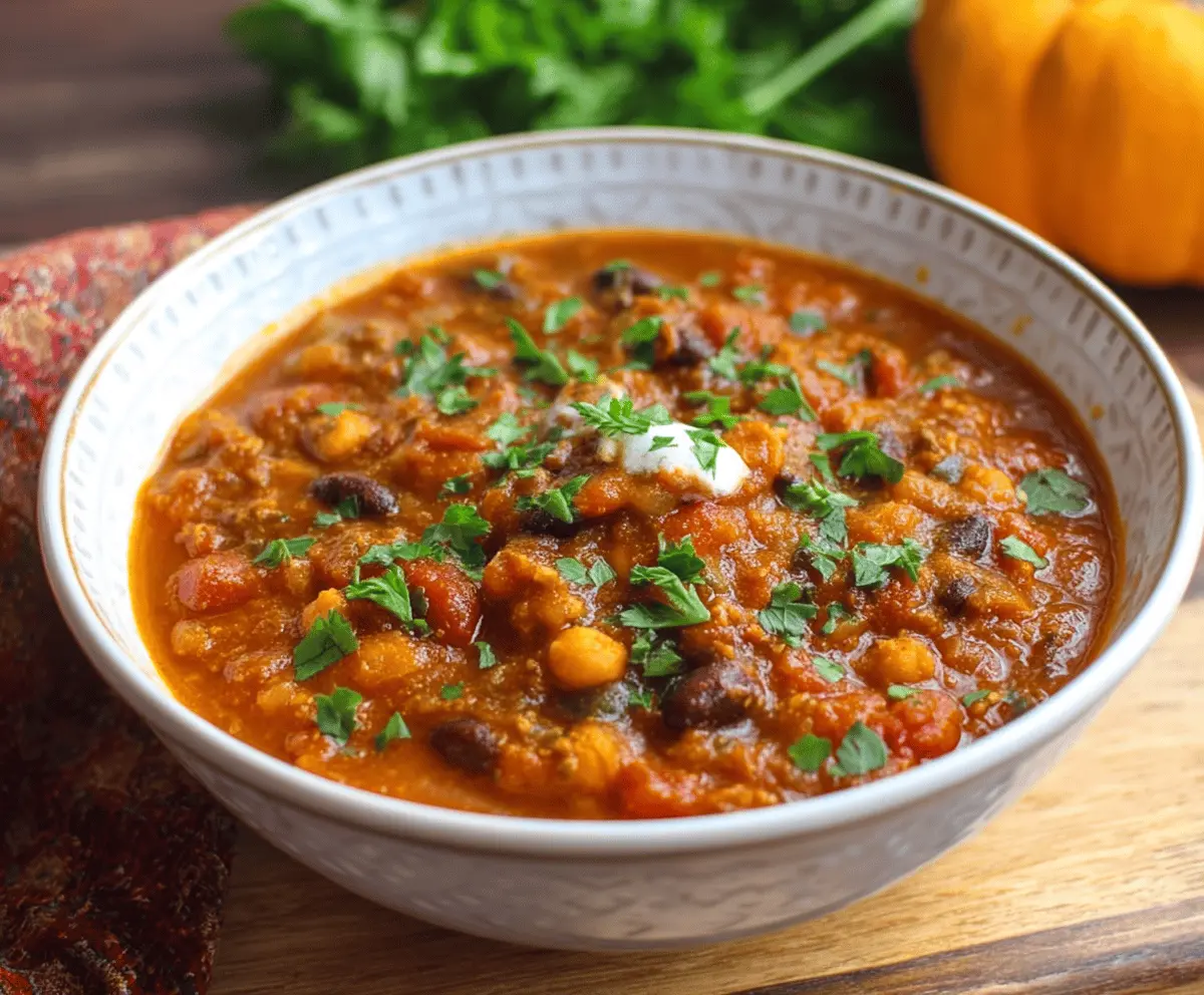 Savory pumpkin chili in a bowl topped with fresh herbs, featuring chunks of pumpkin, beans, and spices for a warm, comforting meal