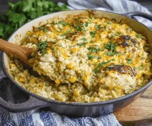 Delicious Salsa Verde Chicken and Rice Casserole topped with melted cheese and fresh cilantro, served in a baking dish