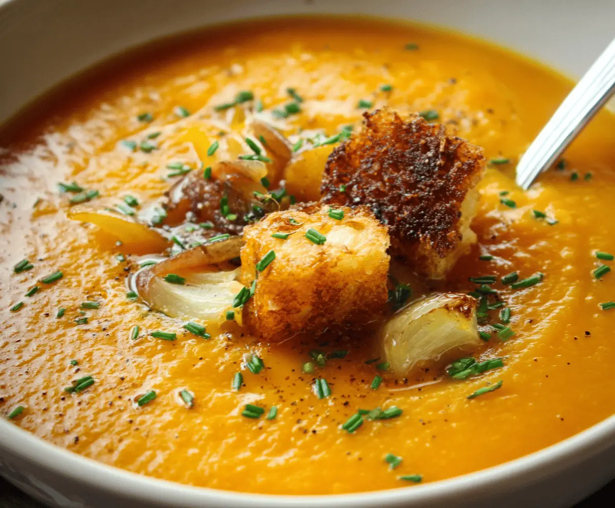 Hearty roasted winter vegetable soup in a bowl with fresh herbs, perfect for a cozy, savory meal