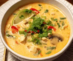 A bowl of hot and savory Thai chicken soup with vegetables, herbs, and lime slices, served with fresh cilantro on top.