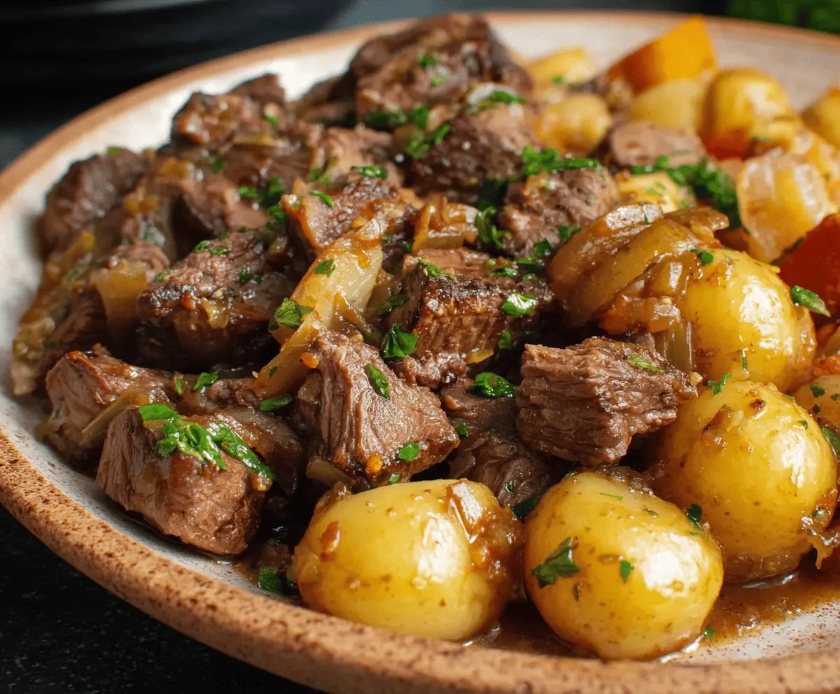 Slow Cooker Garlic Butter Beef Bites & Potatoes