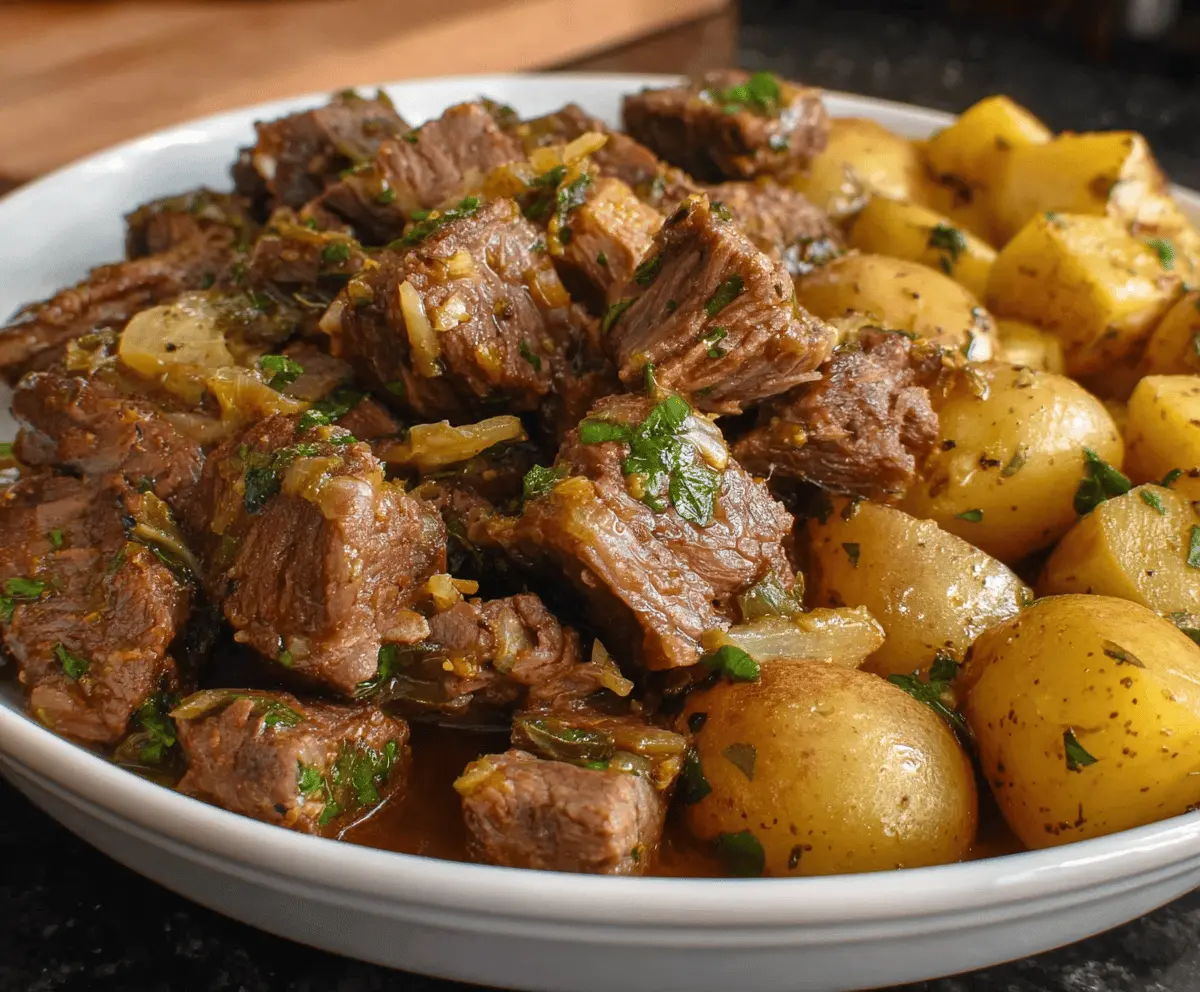 Tender slow cooker garlic butter beef bites with roasted potatoes, perfect for a hearty and flavorful meal.