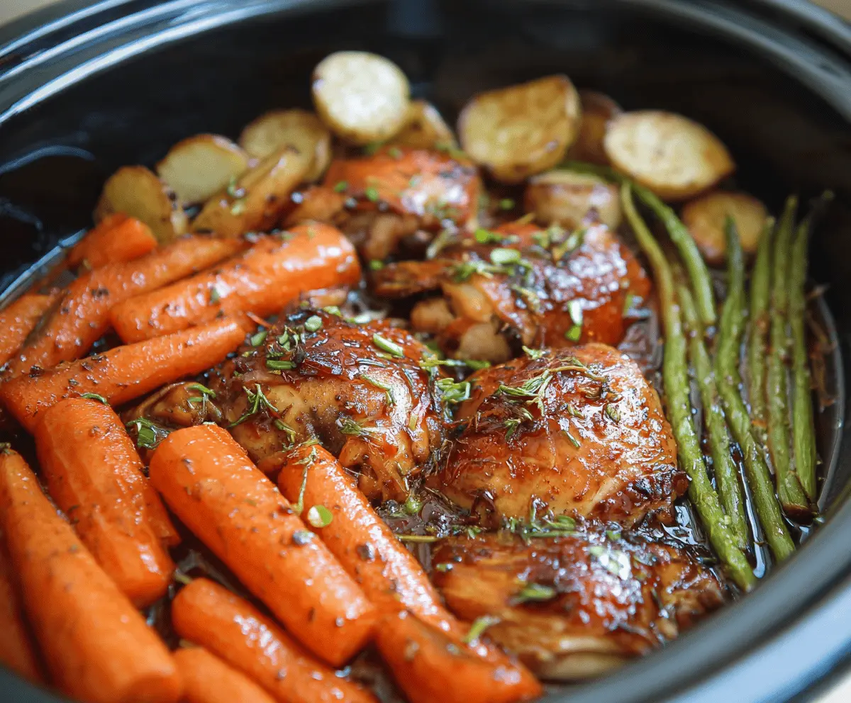 Delicious slow cooker honey garlic chicken with colorful vegetables, perfect for a flavorful and easy dinner