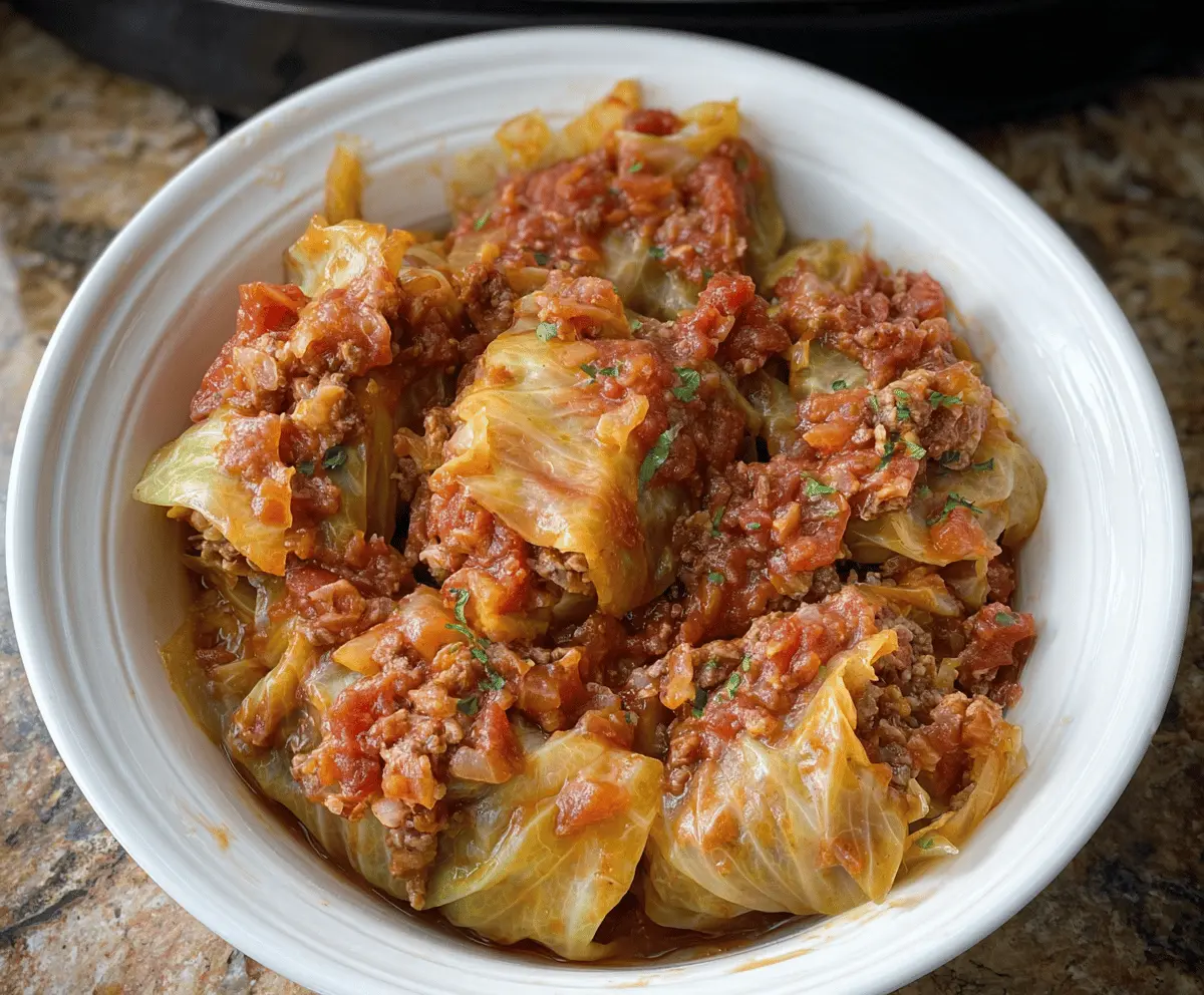 Delicious slow cooker unstuffed cabbage rolls served in a bowl with fresh herbs and tomato sauce, perfect for a hearty and easy family dinner