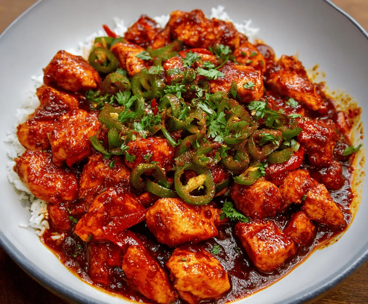 Delicious homemade sweet chili chicken served with colorful vegetables on a white plate, perfect for a flavorful dinner or lunch.