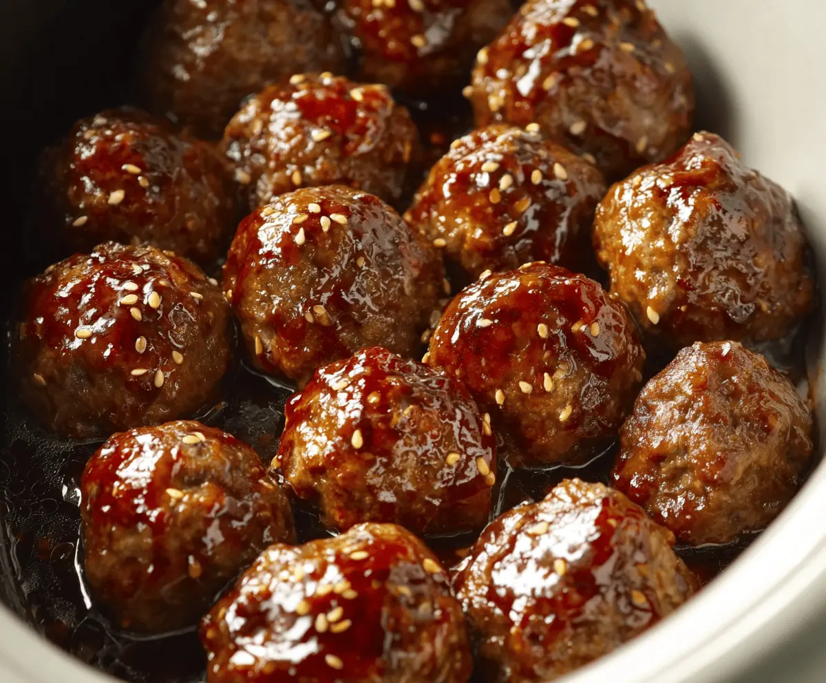 Delicious homemade sweet chili meatballs cooking in a crockpot, served with fresh herbs and garnished with chopped green onions.