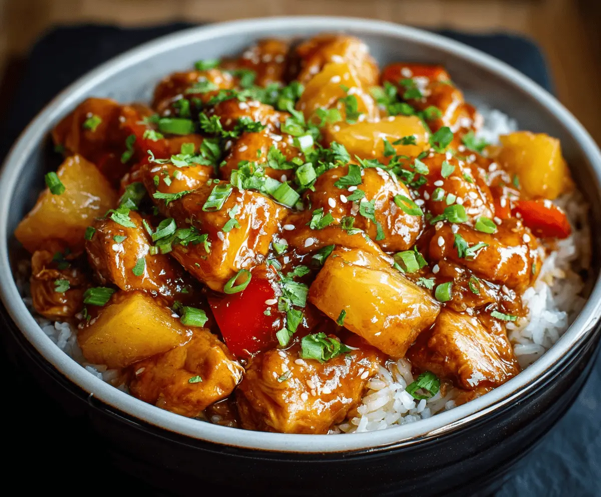 Juicy Sweet Hawaiian Crockpot Chicken served with pineapple chunks and fresh herbs on a rustic plate