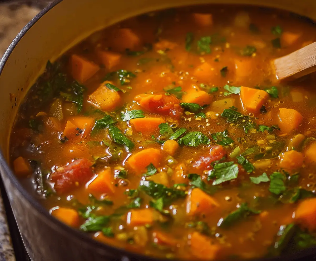 Creamy sweet potato and vegetable soup served in a bowl, topped with fresh herbs and colorful vegetables, perfect for a healthy meal.
