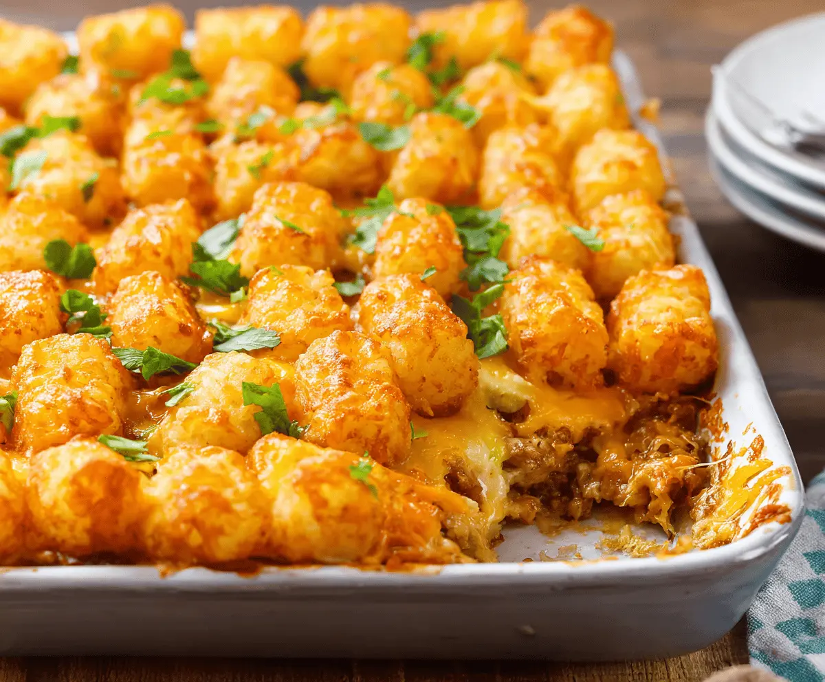 Delicious Tater Tot Casserole ready to serve with golden crispy topping and savory ingredients in a baking dish