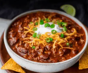 Delicious Texas Roadhouse-style chili served in a bowl with toppings, featuring beans and meat, perfect for a hearty meal