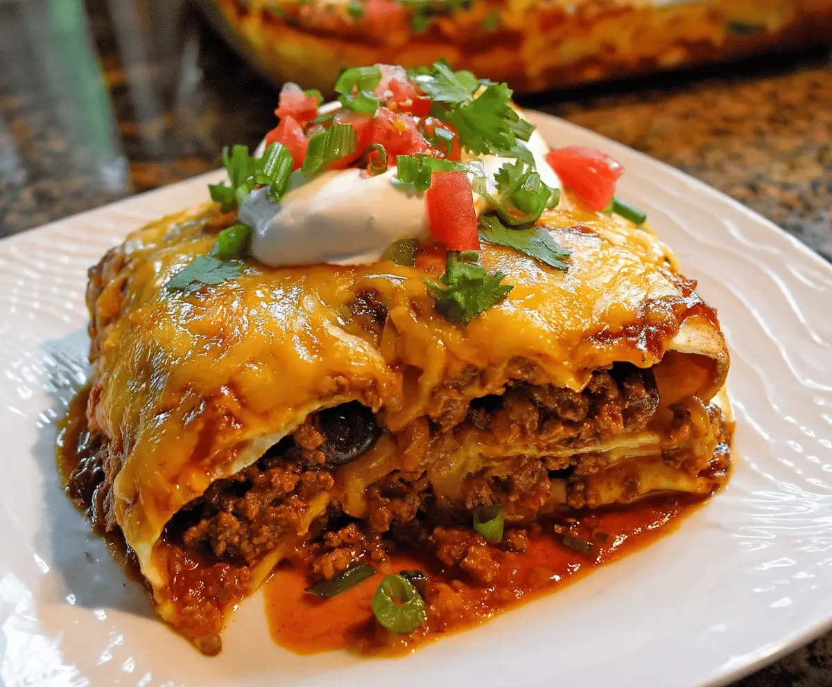 Delicious Beef Enchilada Casserole topped with melted cheese, fresh cilantro, and sliced jalapenos, served in a baking dish for a flavorful Mexican-inspired meal.
