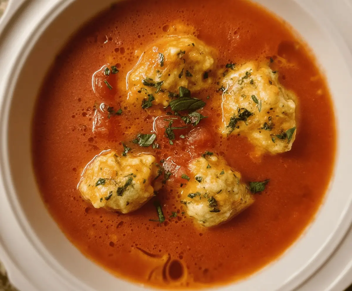 Creamy tomato soup topped with melted cheese dumplings served in a bowl, garnished with fresh herbs for a comforting meal.