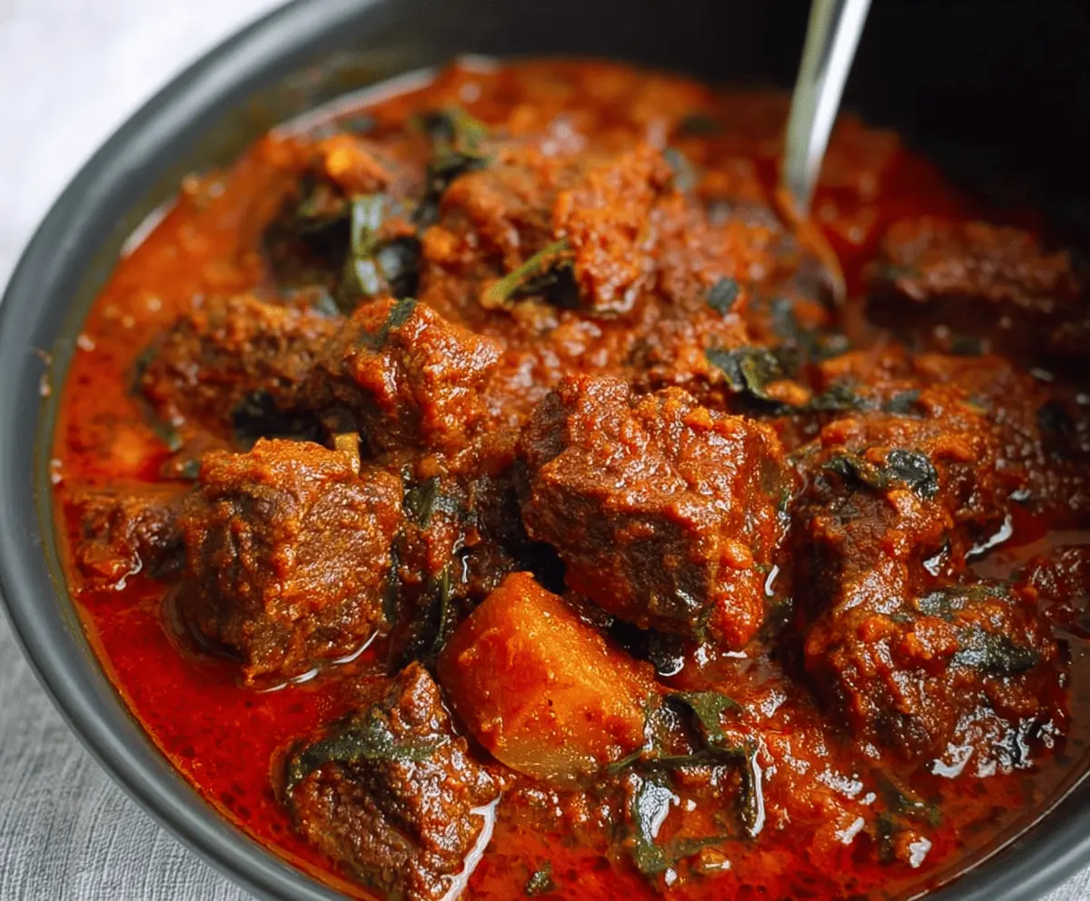 Delicious viral Nigerian beef stew with tender beef, rich tomato sauce, and flavorful spices in a bowl
