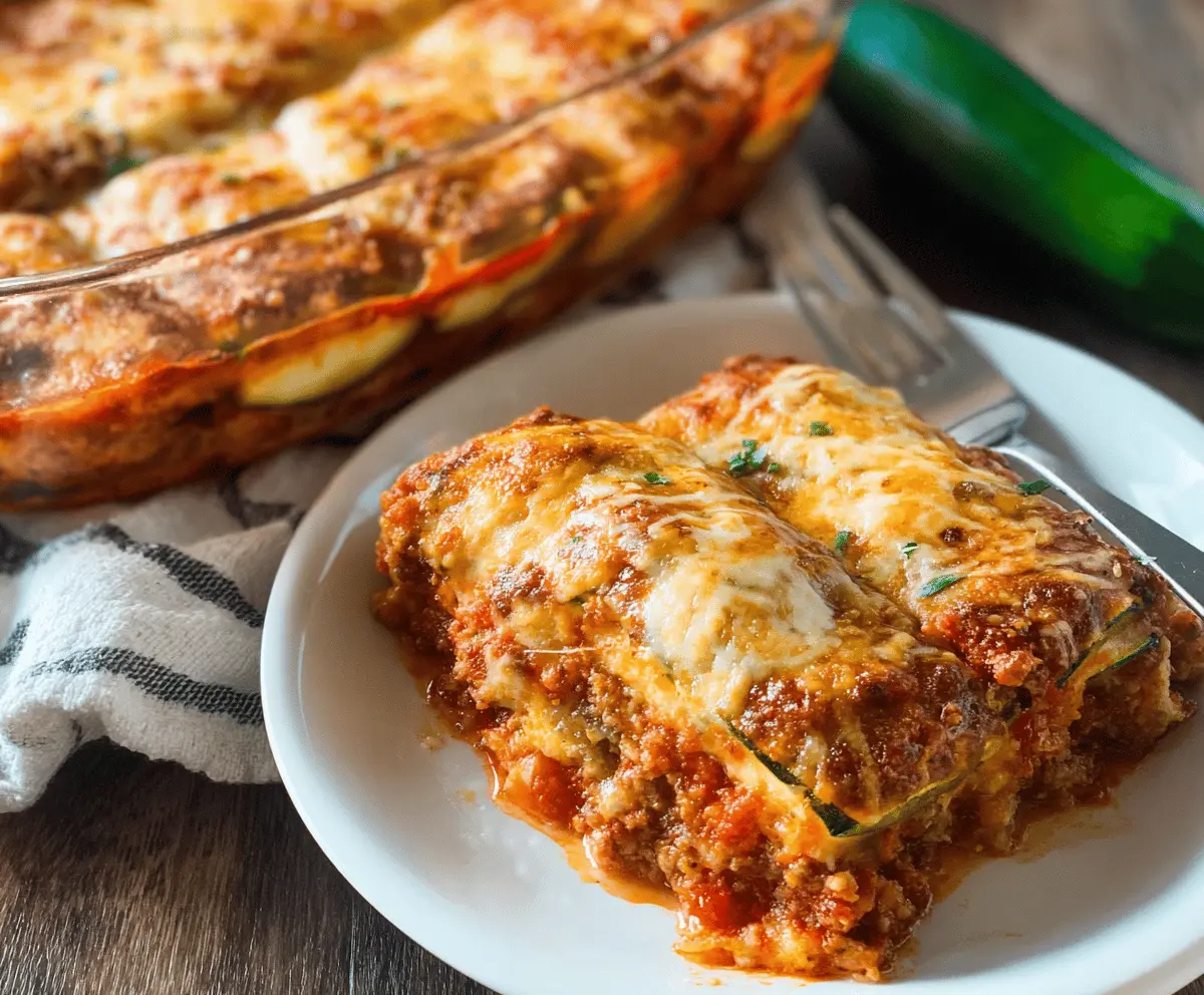 Delicious zucchini pizza casserole topped with melted cheese and fresh herbs, served in a baking dish