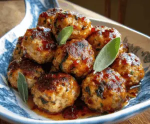 Juicy apple and sage turkey meatballs served on a plate, garnished with fresh herbs, perfect for a healthy and flavorful meal.