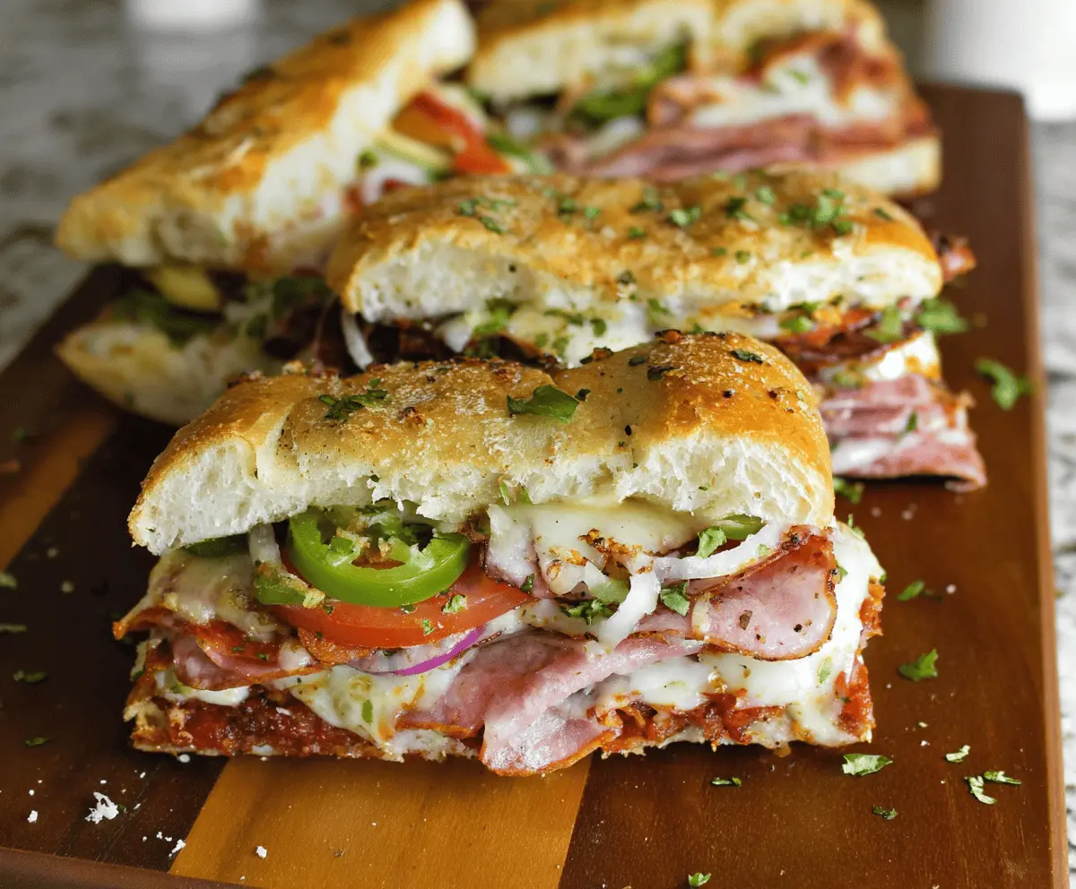Delicious baked Italian grinder sandwiches filled with layers of ham, salami, provolone cheese, fresh vegetables, and Italian herbs on toasted bread
