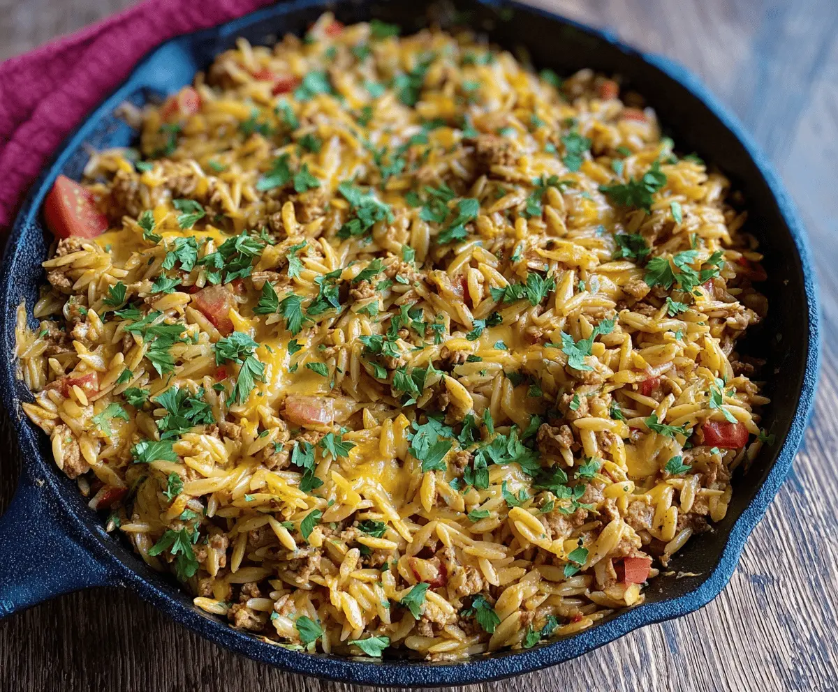 Delicious homemade ground turkey orzo pasta dish garnished with fresh herbs, perfect for a healthy and flavorful meal