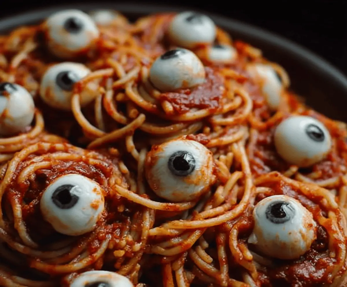 Spooky Halloween spaghetti topped with mozzarella eyeballs and bloody marinara sauce for a creepy festive dinner