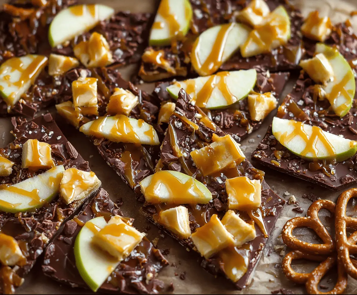 Sweet homemade caramel apple bark topped with crushed nuts and colorful candy pieces on a rustic wooden surface.