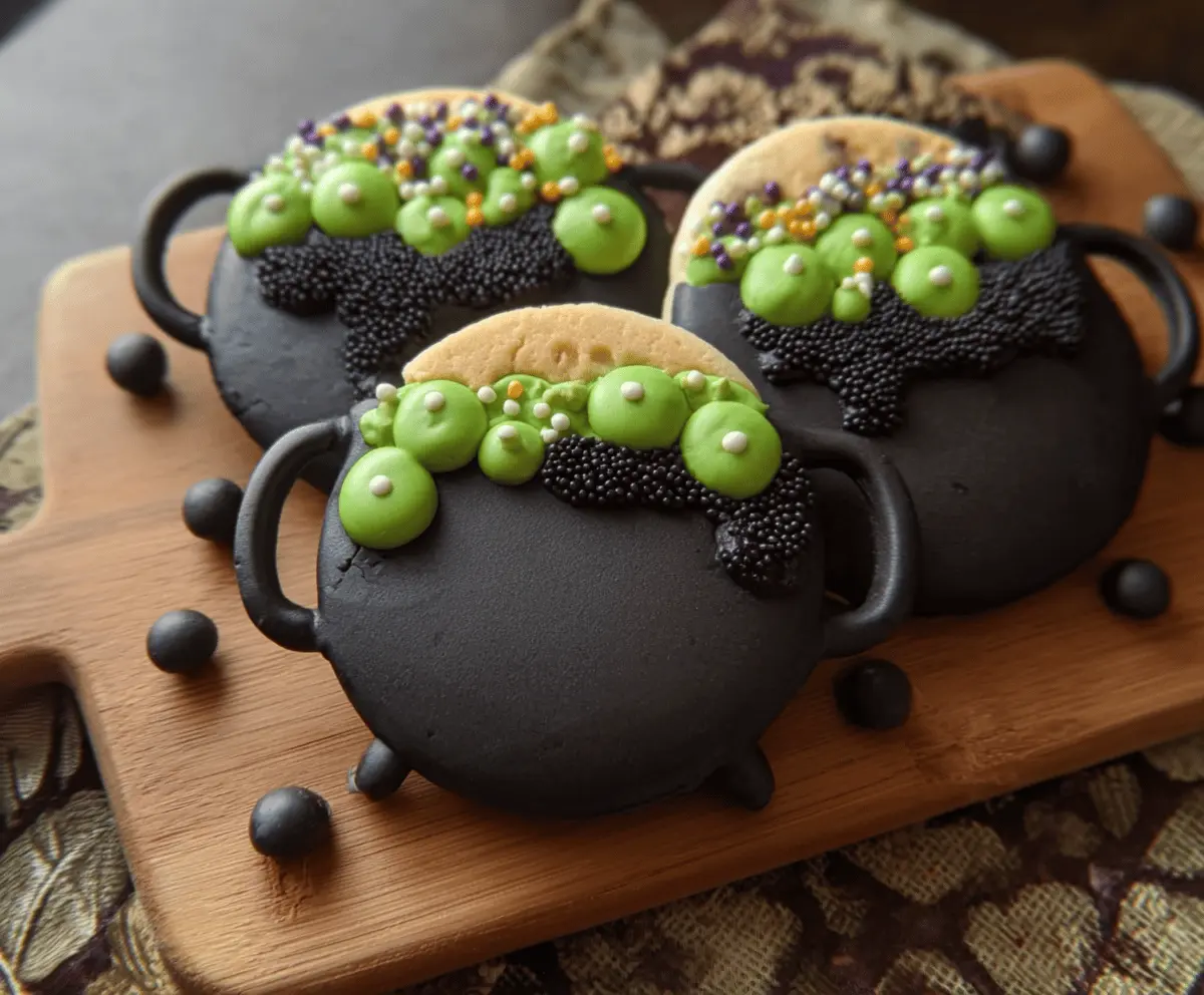 Delicious homemade cauldron-shaped cookies with chocolate frosting and colorful sprinkles, perfect for Halloween treats