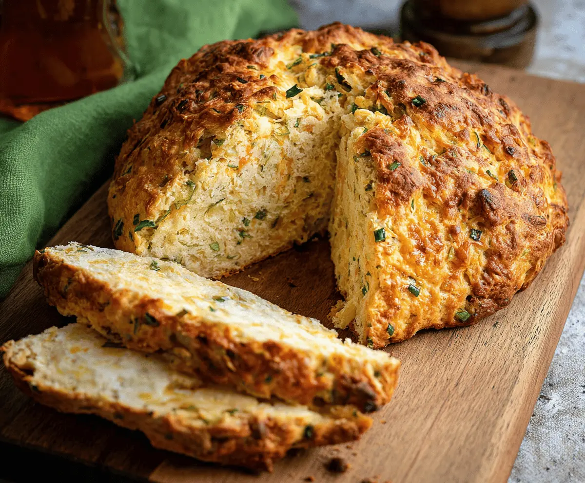 Freshly baked cheddar and herb soda bread with a golden crust, garnished with chopped herbs, on a rustic wooden table.