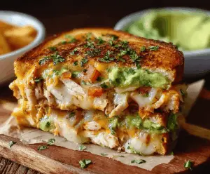 Delicious cheesy chicken avocado melt sandwich with melted cheese, grilled chicken, fresh avocado, and crispy bread, perfect for a tasty meal.
