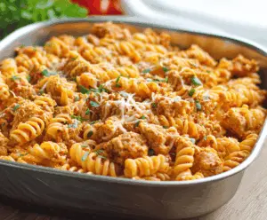 Creamy cheesy ground turkey pasta served in a bowl, featuring melted cheese, ground turkey, and pasta garnished with herbs, showcasing a comforting and easy-to-make dinner recipe
