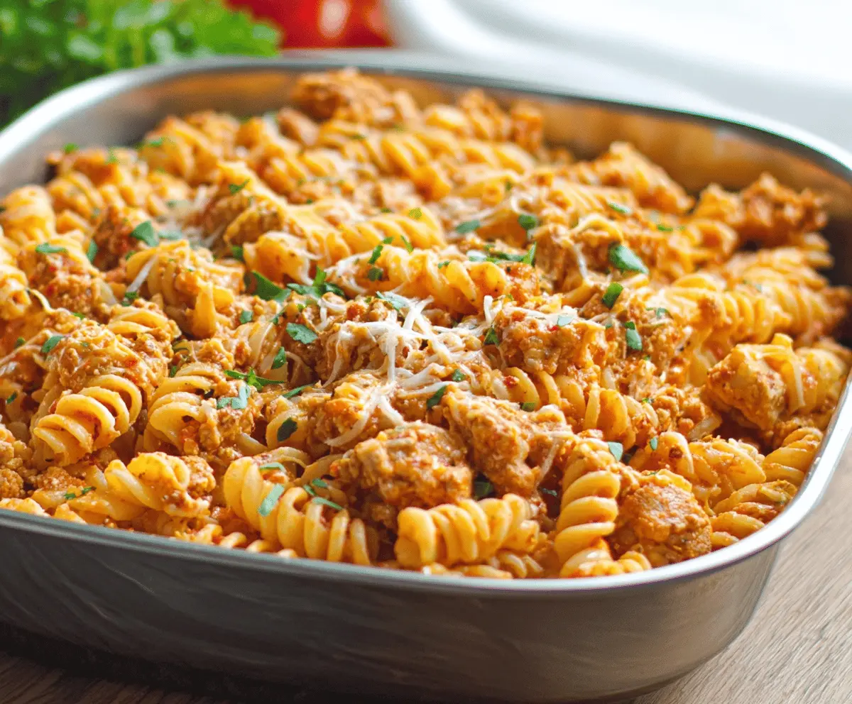 Creamy cheesy ground turkey pasta served in a bowl, featuring melted cheese, ground turkey, and pasta garnished with herbs, showcasing a comforting and easy-to-make dinner recipe