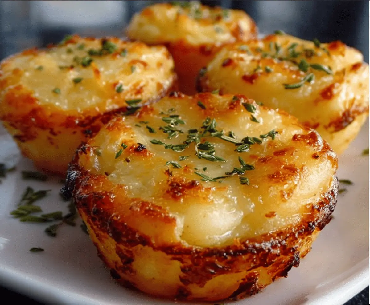 Delicious cheesy mashed potato puffs served on a plate, perfect for appetizer or snack, topped with melted cheese and garnished with herbs