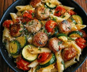 Delicious chicken sausages with fresh zucchini, ripe tomatoes, and pasta on a plate, healthy and flavorful dinner dish