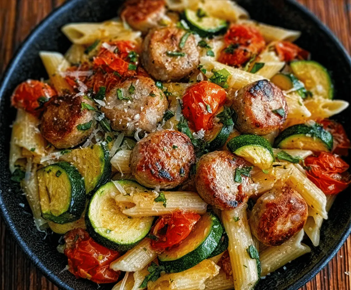 Delicious chicken sausages with fresh zucchini, ripe tomatoes, and pasta on a plate, healthy and flavorful dinner dish