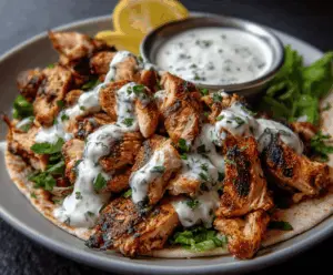 Delicious Chicken Shawarma with creamy garlic sauce served with fresh vegetables and pita bread on a platter