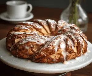 Delicious Cozy Apple Kringle topped with smooth vanilla glaze on a rustic plate, ready to serve